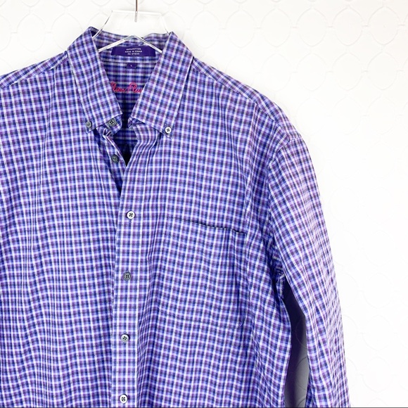 Alan Flusser Purple Plaid Gingham Button Down Large - Picture 2 of 4
